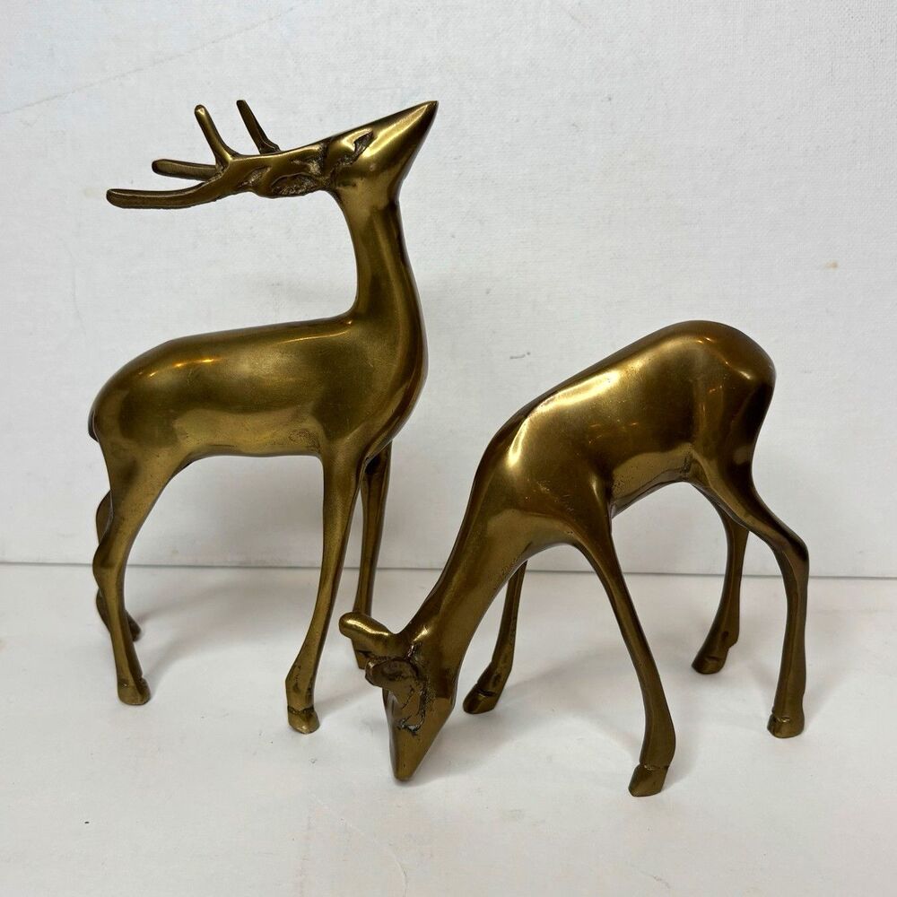 Vintage MCM Brass Deer Figurines Pair Standing Grazing Buck Doe Home Decor